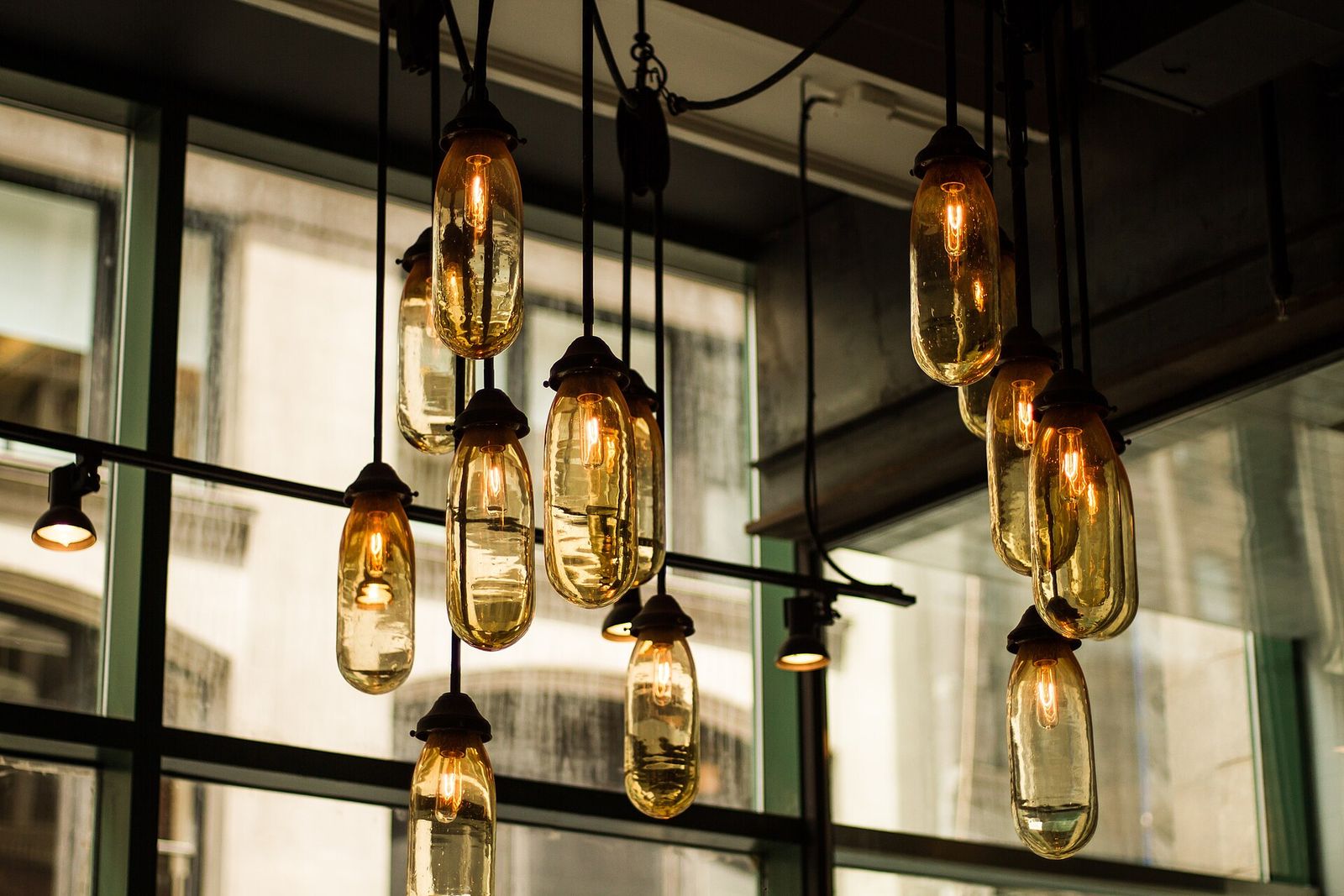 A cluster of glass pendants at different heights
